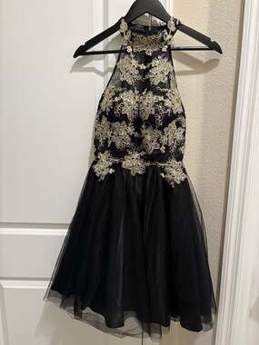 Bee Darlin Black And Gold Halter Tulle Cocktail Dress